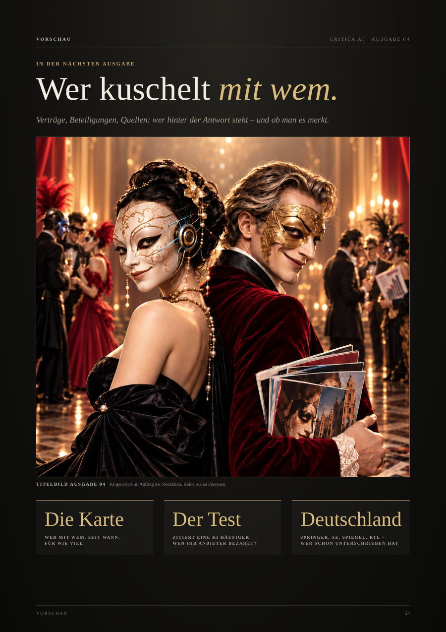 Vorschau auf Ausgabe 04: Wer kuschelt mit wem. Die Karte, Der Test, Deutschland.